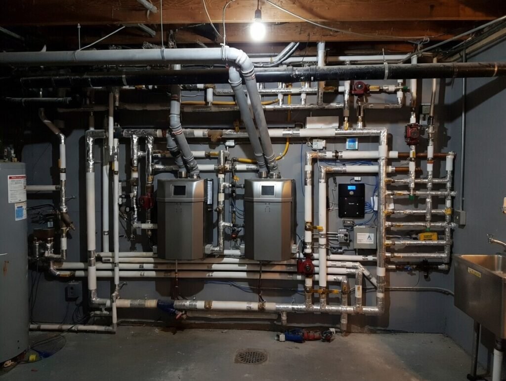 utility room of large building with two hot water heaters