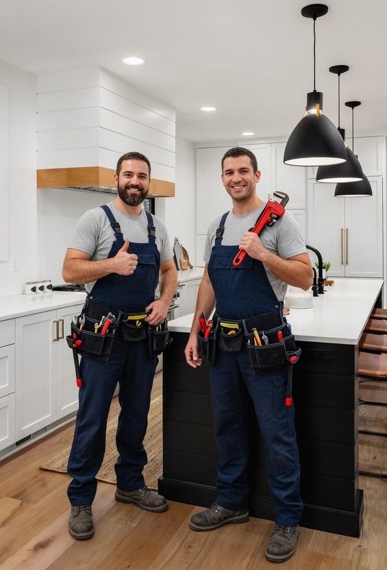 plumbers in a kitchen
